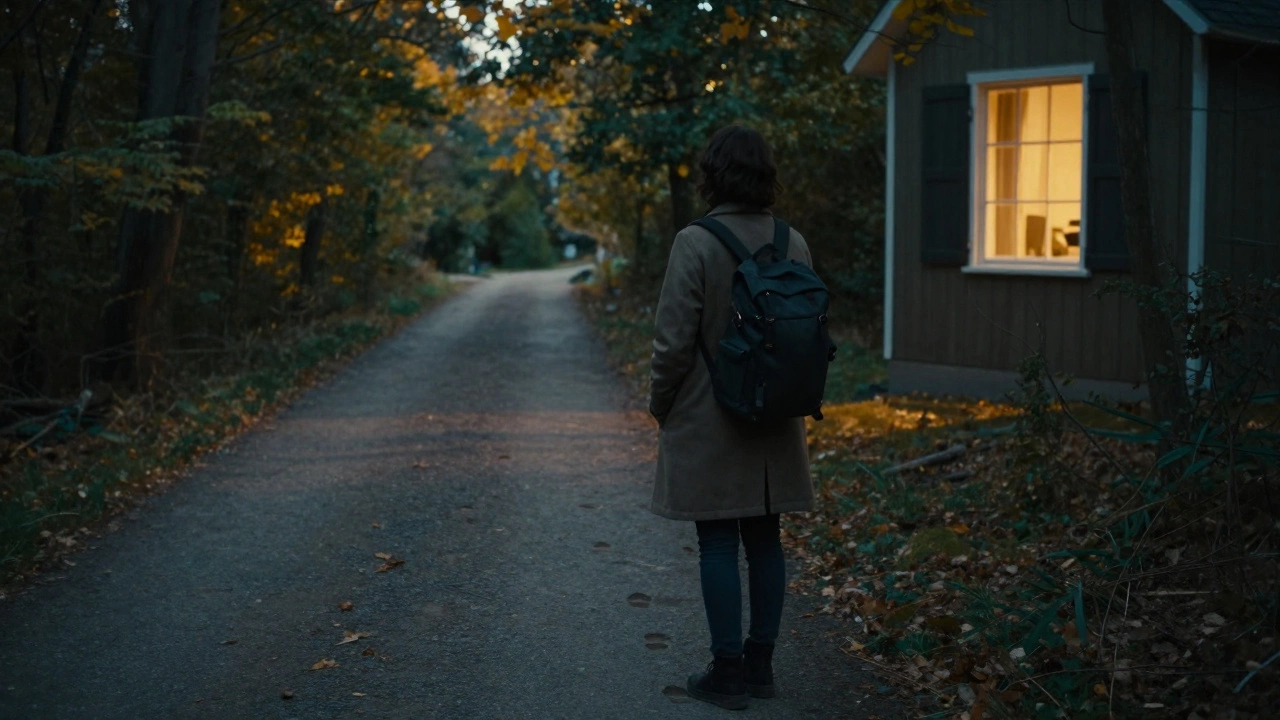 A person walks away from forest footprints toward a warmly lit home window, symbolizing self-chosen peace.
