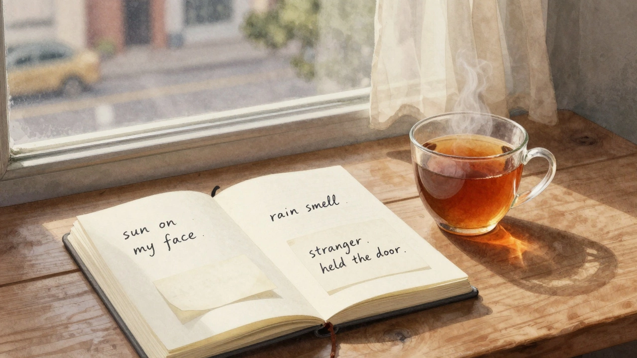 An open journal on a wooden table shows handwritten notes about small daily joys, with morning light streaming through a window.