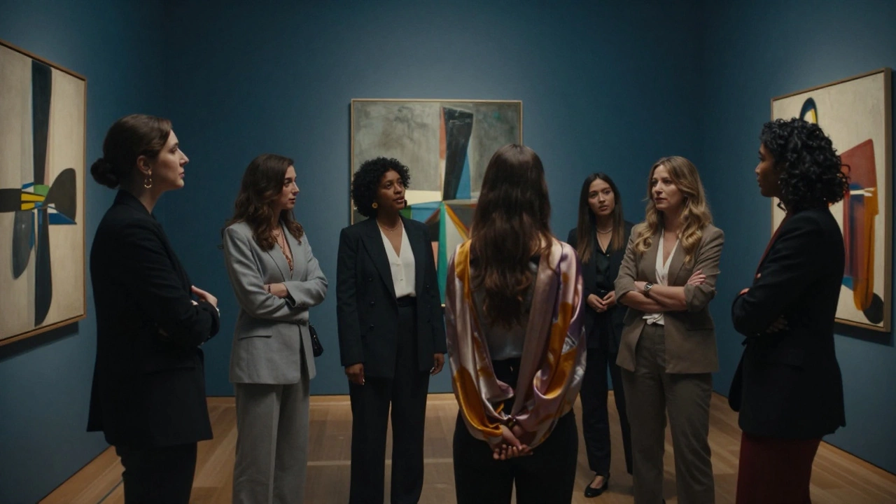 Diverse women in stylish attire engage in thoughtful conversation in a London art gallery.