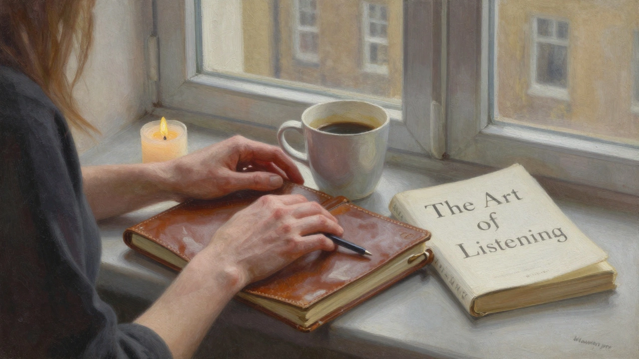 Hands resting on a journal with coffee and candlelight, morning light streaming through a window.