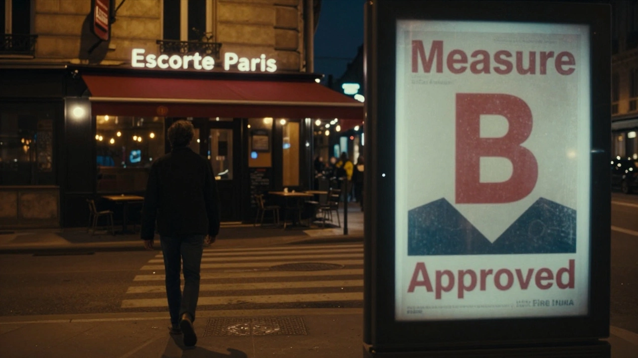 Nighttime Paris street with faint &#039;Escorte Paris&#039; sign, juxtaposed with a faded &#039;Measure B Approved&#039; poster.