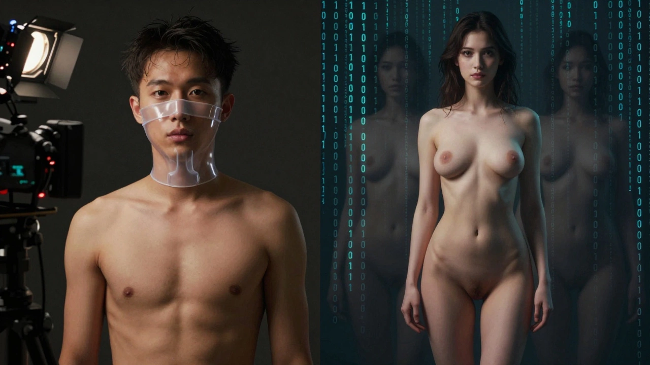 Split image: real performer using condom beside AI-generated nude figure emerging from digital code.